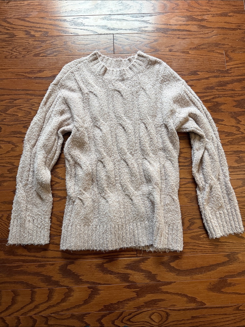 American Eagle Outfitters Cream Cable-Knit Crewneck Sweater